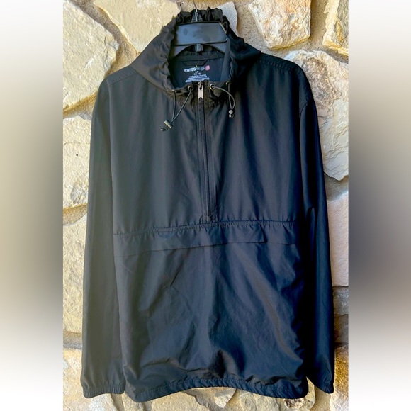 Swiss + Tech Mens 1/4 Zip Windbreaker Large Black Hooded Pockets Cinch Hem EC‎ - Picture 1 of 7